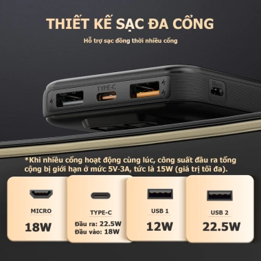 Sạc dự phòng ANRMESUN 10.000mAh PD 22.5W nhanh, LED hiển thị, tích hợp dây Type-C và Lightning cho iPhone Android