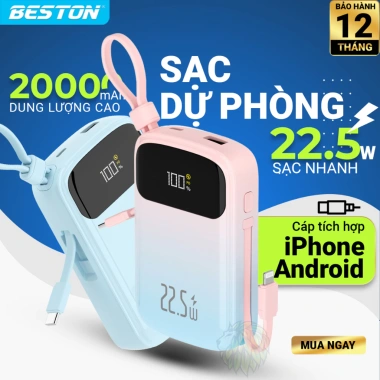 Sạc dự phòng BESTON 10.000/20.000mAh sạc nhanh 22.5W, 2 dây C và L, LED, chỉ 359.000₫