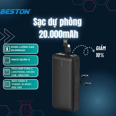 Sạc Dự Phòng Beston PBCLM2 20.000mAh – Sạc Nhanh USB‑C & Lightning, Giá 399k