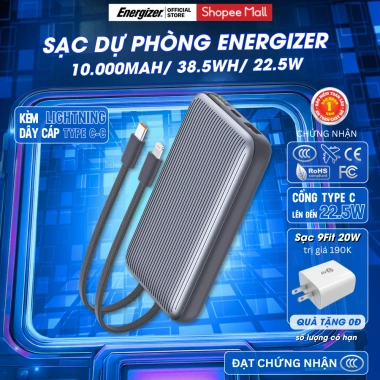 Sạc Dự Phòng Energizer 10.000mAh 22.5W - Tích Cáp Lightning va Type-C, Chính Hãng, Bảo hành 1 năm, Giá ưu đãi 800k Sạc Dự Phòng Energizer 10.000mAh 22.5W - Tích Cáp Lightning va Type-C, Chính Hãng, Bảo hành 1 năm, Giá ưu đãi 800k