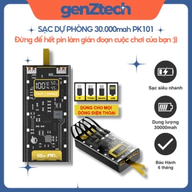 Sạc Dự Phòng GenZtech 120W 30.000mAh, 4 Cổng Sạc Nhanh 22,5W, Tích Hợp, Phù Hợp Mọi Loại Máy, Giá 175k