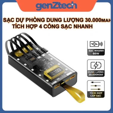 Sạc Dự Phòng GenZtech 120W 30.000mAh, 4 Cổng Sạc Nhanh 22,5W, Tích Hợp, Phù Hợp Mọi Loại Máy, Giá 175k