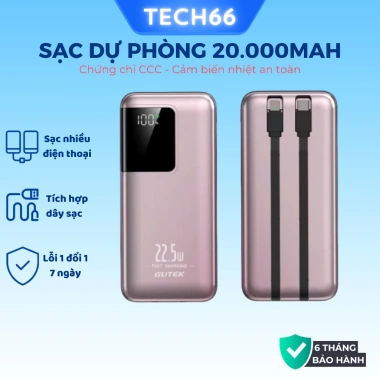 Sạc dự phòng Gutek GT91 20.000mAh, an toàn, sạc nhanh 22.5W, kèm 2 dây, chỉ 289.000₫