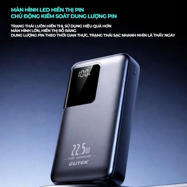 Sạc dự phòng Gutek GT91 20.000mAh, an toàn, sạc nhanh 22.5W, kèm 2 dây, chỉ 289.000₫