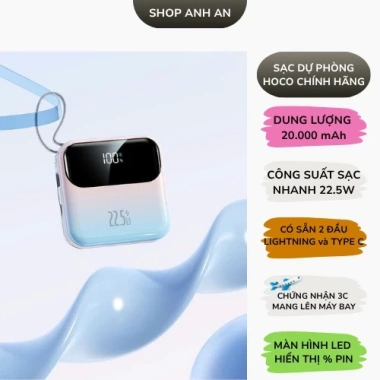 Sạc dự phòng Hoco 20.000mAh PD 22.5W và Màn hình LED tích hợp - Giá chỉ 289.000₫