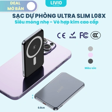Sạc dự phòng không dây LIVIO Ultra Slim L09X 15W, vỏ nhôm, siêu mỏng, nhỏ gọn, CCC - 299k