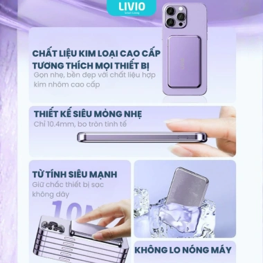 Sạc dự phòng không dây LIVIO Ultra Slim L09X 15W, vỏ nhôm, siêu mỏng, nhỏ gọn, CCC - 299k