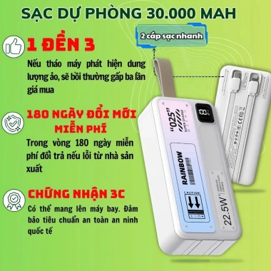 Sạc dự phòng nhanh 20.000mAh tích hợp 2 dây sạc, đèn LED hiển thị dung lượng - Giá chỉ 189.000₫