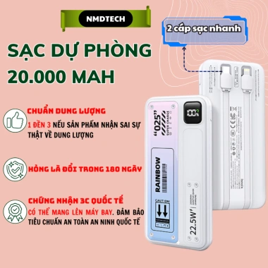 Sạc dự phòng nhanh PD22.5W 20.000mAh kèm 2 dây sạc màn hình LED hiển thị - Giá 189.000₫