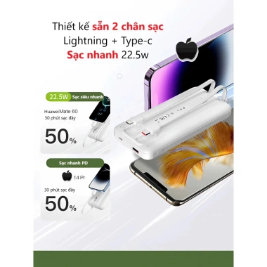 Sạc dự phòng nhanh PD22.5W 20.000mAh kèm 2 dây sạc màn hình LED hiển thị - Giá 189.000₫ 5 Sạc dự phòng nhanh PD22.5W 20.000mAh kèm 2 dây sạc màn hình LED hiển thị - Giá 189.000₫ 5