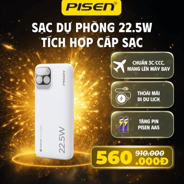 Sạc Dự Phòng PISEN 22.5W 10.000/20.000mAh, 2 Cáp, Tặng Pin AA5, Du Lịch và Máy Bay TP-D31 - Giá 560k