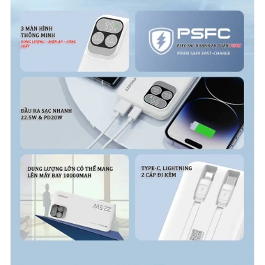 Sạc Dự Phòng PISEN 22.5W 10.000/20.000mAh, 2 Cáp, Tặng Pin AA5, Du Lịch và Máy Bay TP-D31 - Giá 560k