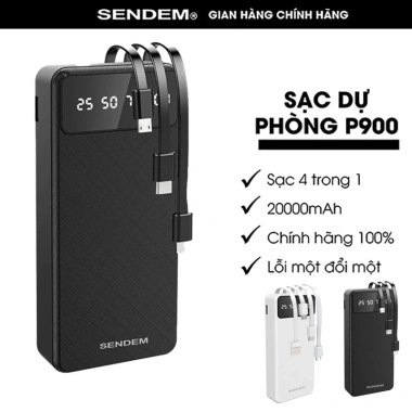 Sạc Dự Phòng Sendem P900 20.000mAh, Cáp tích hợp, LED báo phần trăm Pin, Giá 258.000 VND