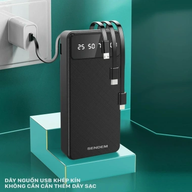 Sạc Dự Phòng Sendem P900 20.000mAh, Cáp tích hợp, LED báo phần trăm Pin, Giá 258.000 VND