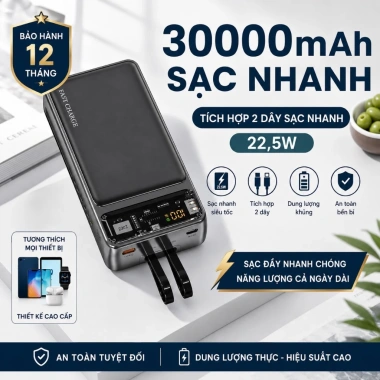 Sạc Dự Phòng Suốt 30.000mAh - Cổng Nhanh 22.5W & PD 20W, LED Đèn, Kèm 2 Đầu Sạc