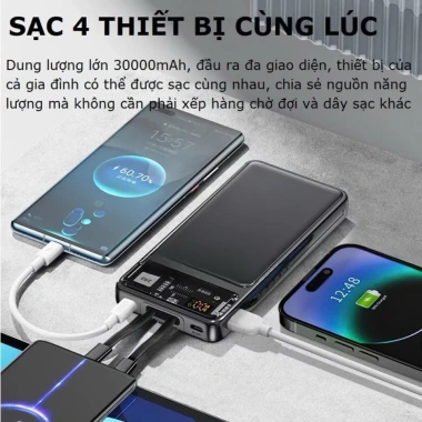 Sạc Dự Phòng Suốt 30.000mAh - Cổng Nhanh 22.5W & PD 20W, LED Đèn, Kèm 2 Đầu Sạc