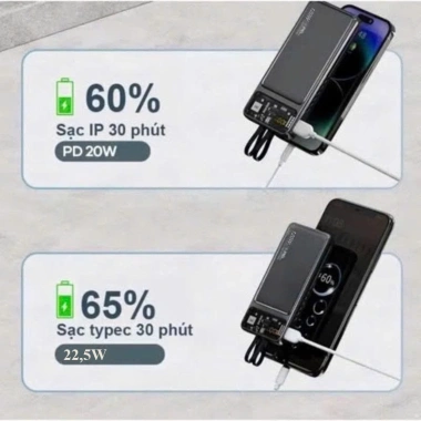 Sạc Dự Phòng Suốt 30.000mAh - Cổng Nhanh 22.5W & PD 20W, LED Đèn, Kèm 2 Đầu Sạc