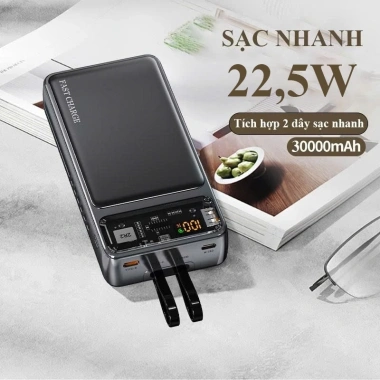 Sạc Dự Phòng Suốt 30.000mAh - Cổng Nhanh 22.5W & PD 20W, LED Đèn, Kèm 2 Đầu Sạc