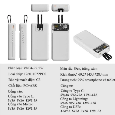 Sạc Dự Phòng Suốt 30.000mAh - Cổng Nhanh 22.5W & PD 20W, LED Đèn, Kèm 2 Đầu Sạc