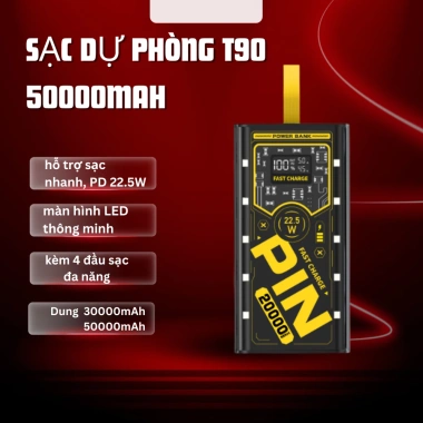Sạc dự phòng T90 50.000mAh 120W PD nhanh, LED thông minh, 4 đầu đa năng - 316.000₫