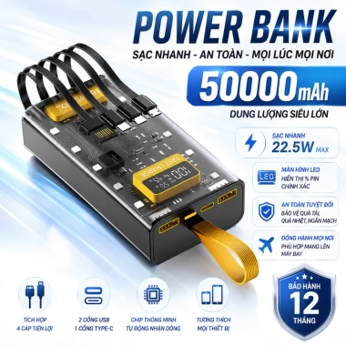 Sạc Dự Phòng Trong Suốt 30.000mAh Sạc Nhanh PD 22.5W - 4 Cáp & 10 Đèn LED, Giá 155k