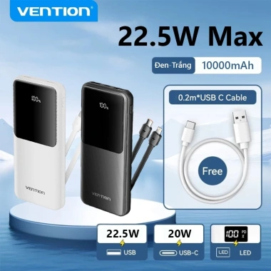 Sạc Dự Phòng Vention 20.000mAh 22.5W - Có Cable Type-C, Đèn LED, Hỗ Trợ Nhiều Thiết Bị, Màn Hình Thông Minh - Giá 299.000 10