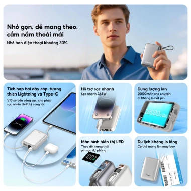 Sạc dự phòng VINKO V10 20.000mAh 22.5W tích dây Type‑C & IP, màn hình LED, hỗ trợ iPhone & Android 5
