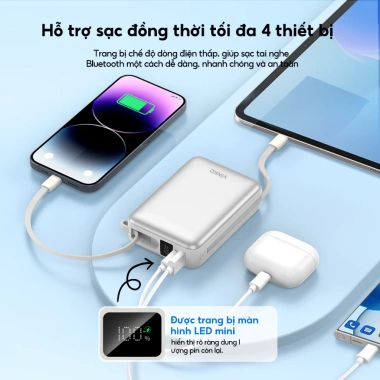 Sạc dự phòng VINKO V10 20.000mAh 22.5W tích dây Type‑C & IP, màn hình LED, hỗ trợ iPhone & Android 6