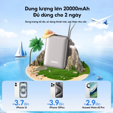 Sạc dự phòng VINKO V10 20.000mAh 22.5W tích dây Type‑C & IP, màn hình LED, hỗ trợ iPhone & Android 8