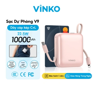 Sạc dự phòng VINKO V10 20.000mAh 22.5W tích dây Type‑C & IP, màn hình LED, hỗ trợ iPhone & Android 10