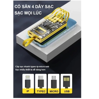 Sạc dựng phòng trong suốt 30.000mAh - 2 cổng sạc nhanh 22.5W và PD 20W, 4 đầu LED, giá 168k 5