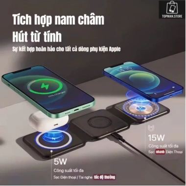 Sạc Không Dây 3in1 Chân Hút Từ 15W - Gập Gọn, Sạc Nhanh Tiện Lợi Du Lịch, Giá 163k 3