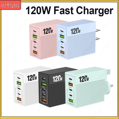 Sạc Nhanh 120W Đa Cổng 2USB+3Type‑C, 5 Cổng, EU/Mỹ/UK, Cắm Tường Du Lịch