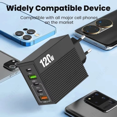 Sạc Nhanh 120W Đa Cổng 2USB+3Type‑C, 5 Cổng, EU/Mỹ/UK, Cắm Tường Du Lịch