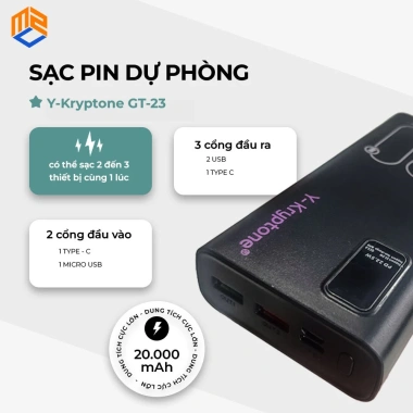 Sạc pin dự phòng Y‑Kryptone GT‑23 20.000mAh – Sạc nhanh PD 22.5W, LED, BH 12 tháng