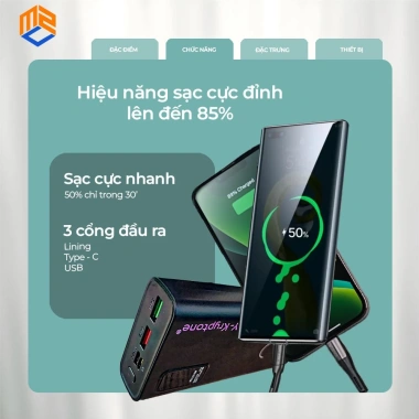 Sạc pin dự phòng Y‑Kryptone GT‑23 20.000mAh – Sạc nhanh PD 22.5W, LED, BH 12 tháng