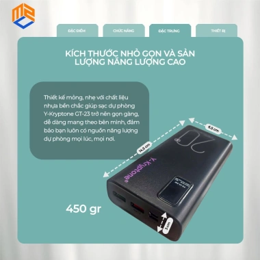 Sạc pin dự phòng Y‑Kryptone GT‑23 20.000mAh – Sạc nhanh PD 22.5W, LED, BH 12 tháng 6 Sạc pin dự phòng Y‑Kryptone GT‑23 20.000mAh – Sạc nhanh PD 22.5W, LED, BH 12 tháng 6