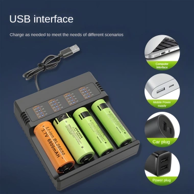 Sạc Pin Tự Ngắt 4 Khe Cao Cấp + Đèn Báo Khi Đầy - Dùng cho Pin 18.650 & AA, Phiên Bản Nâng Cấp 2