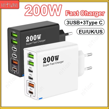 Sạc Siêu Nhanh 200W 6 Cổng 3 USB + 3 Type‑C Đa Quốc Gia EU Anh Mỹ Dùng Du Lịch