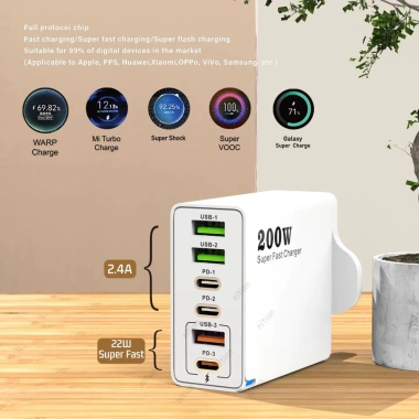 Sạc Siêu Nhanh 200W 6 Cổng 3 USB + 3 Type‑C Đa Quốc Gia EU Anh Mỹ Dùng Du Lịch