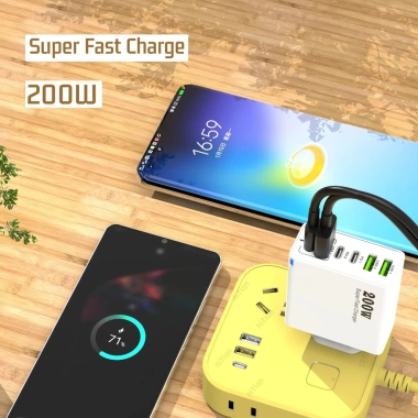 Sạc Siêu Nhanh 200W 6 Cổng 3 USB + 3 Type‑C Đa Quốc Gia EU Anh Mỹ Dùng Du Lịch
