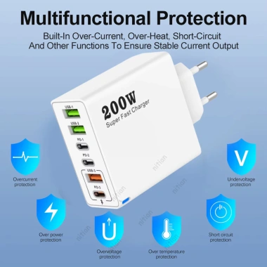 Sạc Siêu Nhanh 200W 6 Cổng 3 USB + 3 Type‑C Đa Quốc Gia EU Anh Mỹ Dùng Du Lịch