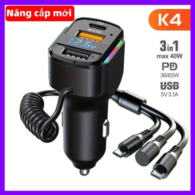Sạc Xe Hơi 3 trong 1 PD Lò Xo Nhanh - Cáp USB Kép Đa Năng K4, Giá chỉ 194.640₫