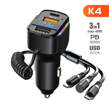Sạc Xe Hơi 3 trong 1 PD Lò Xo Nhanh - Cáp USB Kép Đa Năng K4, Giá chỉ 194.640₫