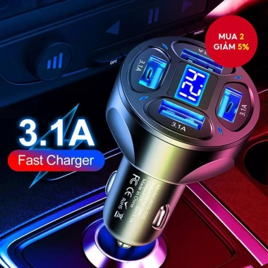 Sạc xe hơi 4 cổng 3.1A - Hiển thị số, tích hợp điện áp, 4 trong 1, giá ưu đãi 77.000₫