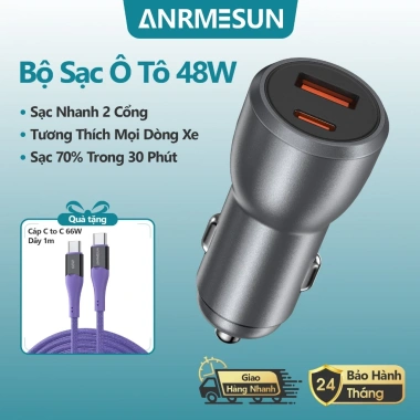 Sạc xe hơi nhanh 48W ANRMESUN 12-24V QC3.0 USB-C cho iPhone & Android, an toàn, giá 57.000₫