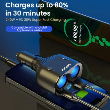 Sạc Xe Hơi Philips DLP4.101B 30W USB PD Siêu Nhanh, Cổng USB + PD, Đa Dụng Cho Ô Tô và Ô Tụ