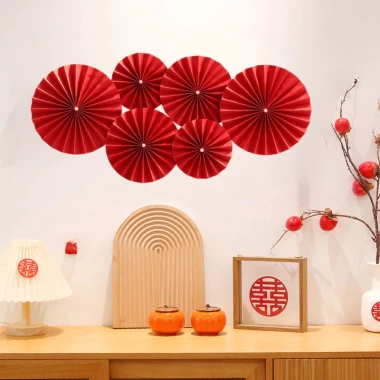 Sale 40% Bộ 6 Quạt Giấy Nhung Đỏ Gấp Sẵn Dán Tường Trang Trí Tết 2.026 Nomihome