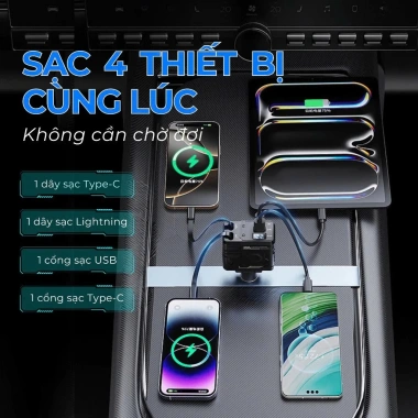 [SALE TẾT] Tẩu Sạc Nhanh 120W Cho Ô Tô - Dây Rút, Cáp Type-C & Lightning, Sạc Siêu Tốc 9