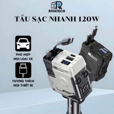 [SALE TẾT] Tẩu Sạc Nhanh 120W Cho Ô Tô - Dây Rút, Cáp Type-C & Lightning, Sạc Siêu Tốc 10